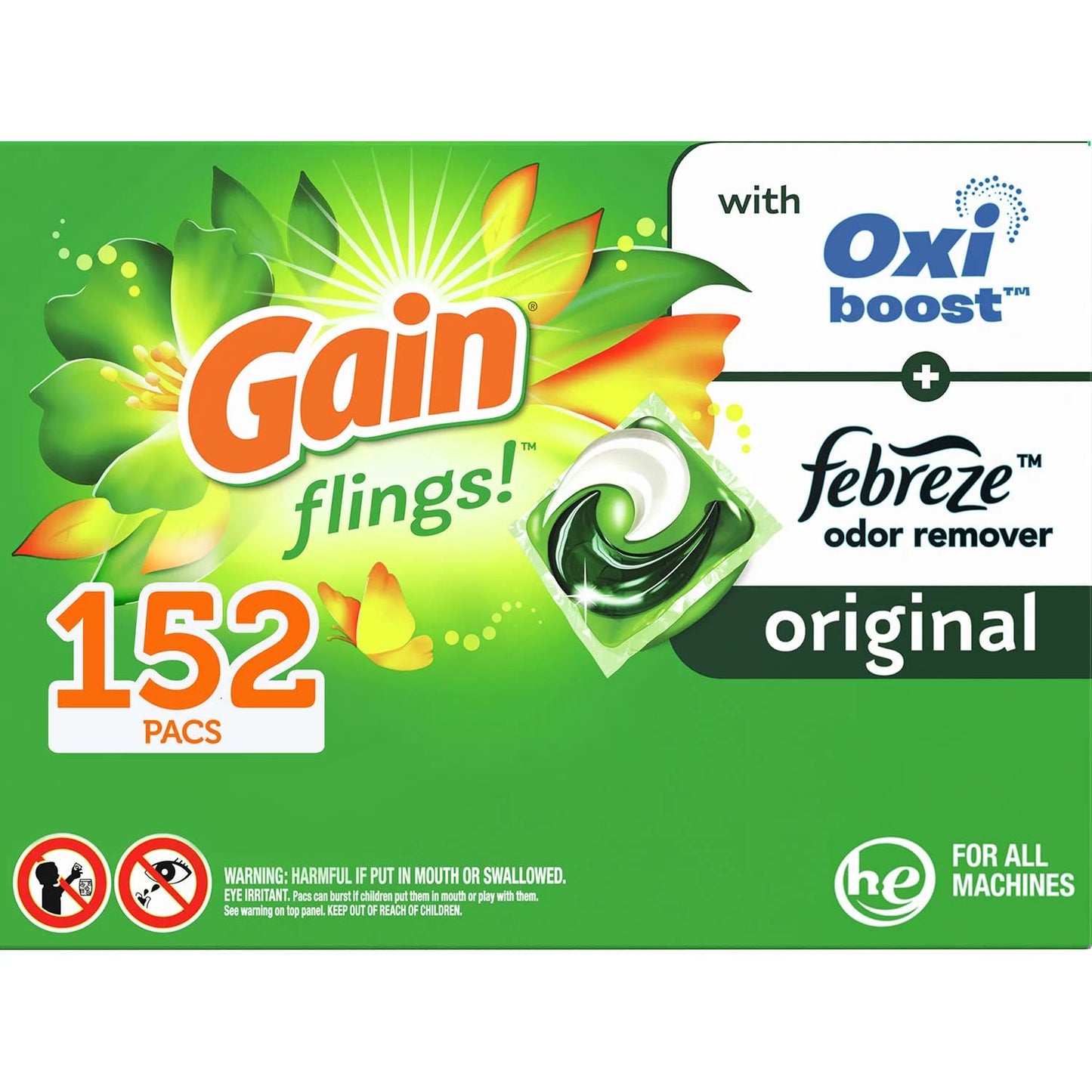 Gain Flings! Liquid Laundry Detergent Pacs, Original Scent - 152 ct