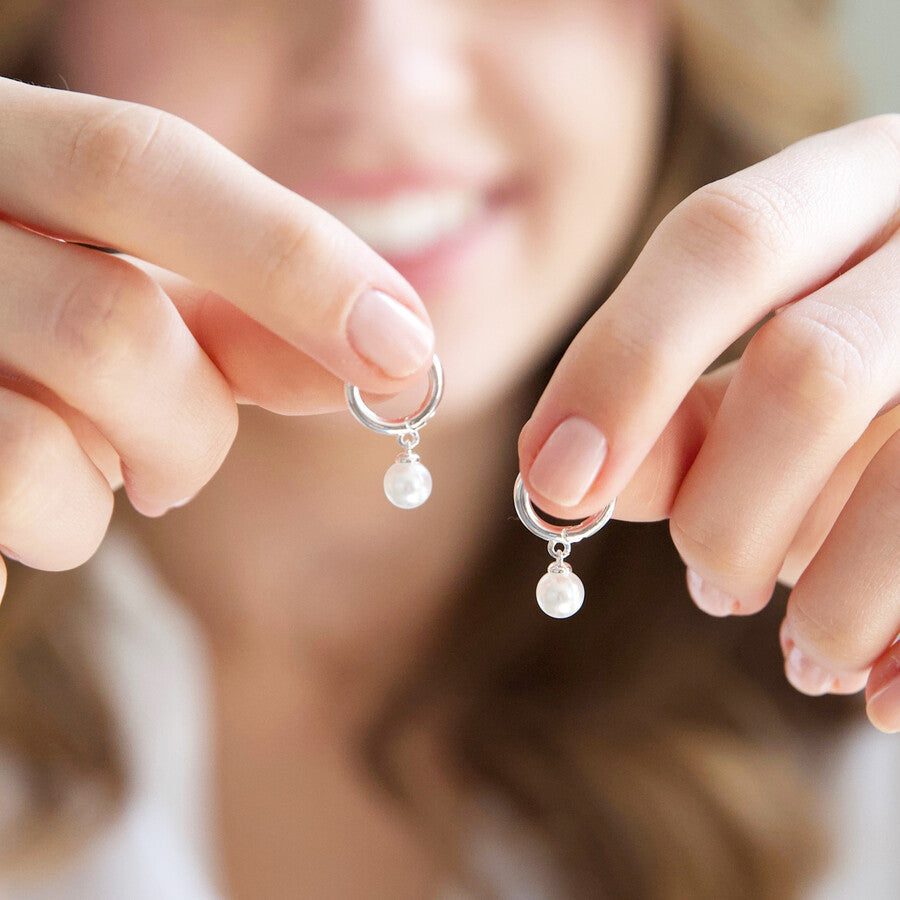 Glass Pearl Huggie Hoop Earrings in Silver | Designed in the UK | Sterling Silver Plated