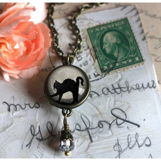 Goth Black Cat on Full Moon Pendant with Bead | Handmade in the US