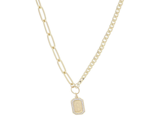 Shiny Gold Half Paperclip, Half Curb Chain with Crystal Edged Initial Emerald Plate Necklace