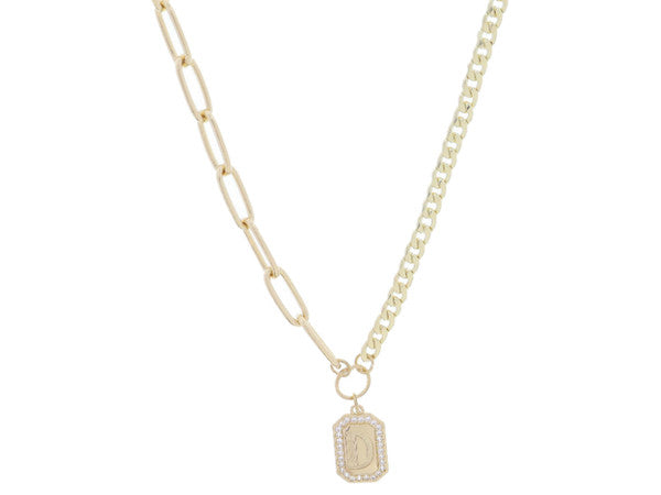 Shiny Gold Half Paperclip, Half Curb Chain with Crystal Edged Initial Emerald Plate Necklace