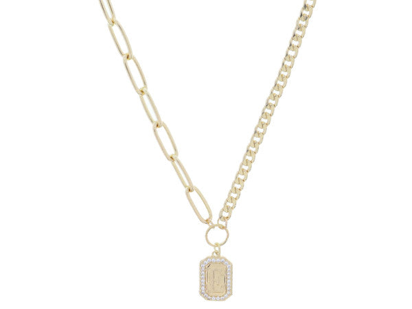 Shiny Gold Half Paperclip, Half Curb Chain with Crystal Edged Initial Emerald Plate Necklace