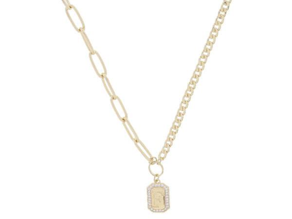 Shiny Gold Half Paperclip, Half Curb Chain with Crystal Edged Initial Emerald Plate Necklace