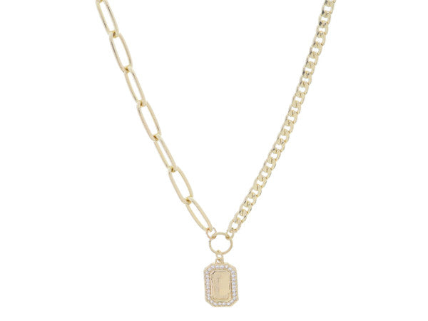 Shiny Gold Half Paperclip, Half Curb Chain with Crystal Edged Initial Emerald Plate Necklace