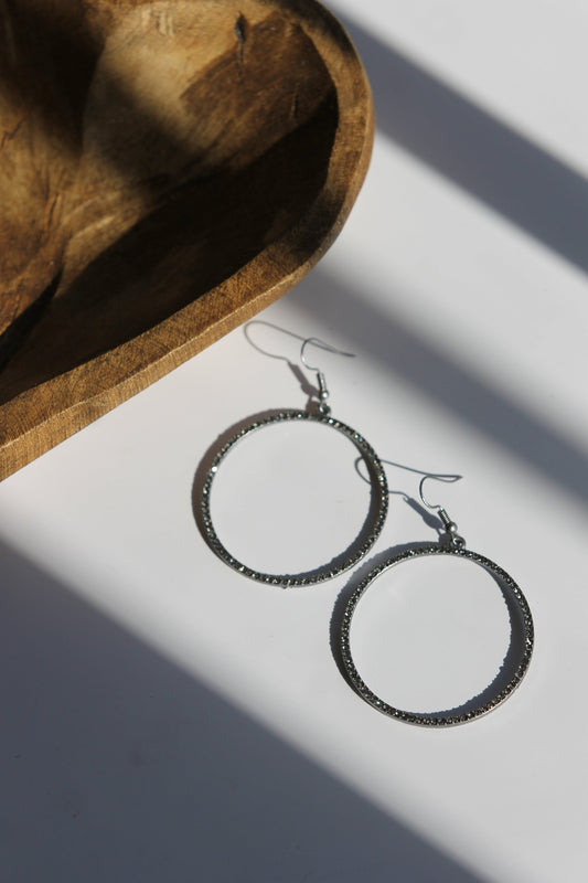 Silver Black Diamond Hoop Earrings