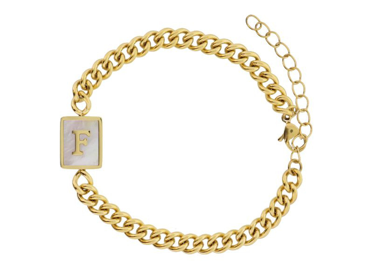 Gold Rectangle with Shell Inlay and Gold Initial Center Bracelet