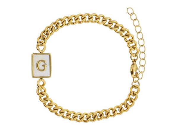 Gold Rectangle with Shell Inlay and Gold Initial Center Bracelet
