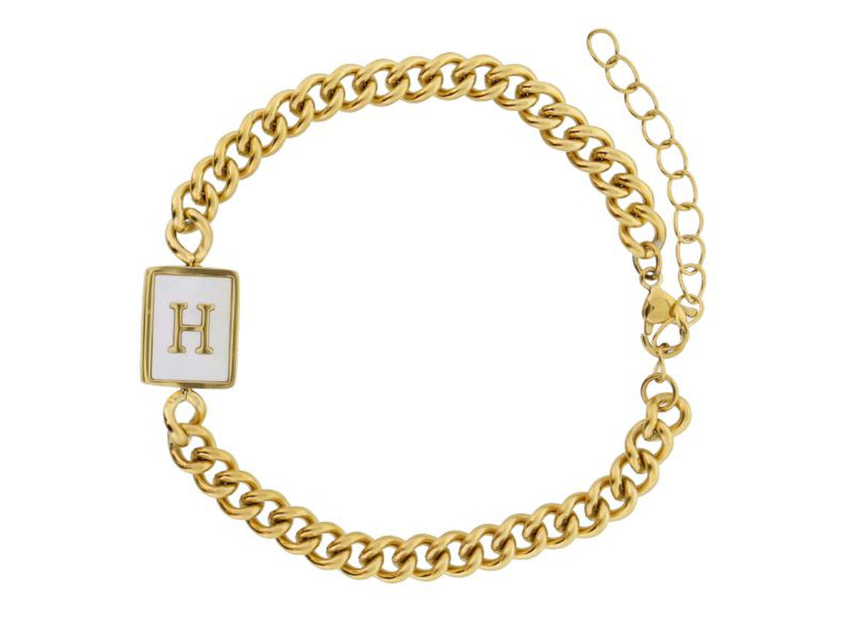 Gold Rectangle with Shell Inlay and Gold Initial Center Bracelet