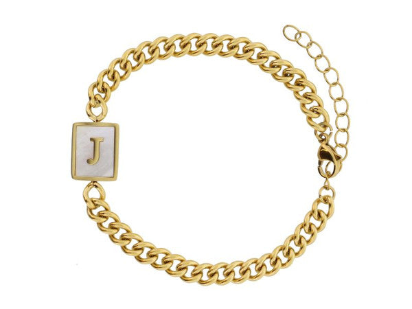 Gold Rectangle with Shell Inlay and Gold Initial Center Bracelet