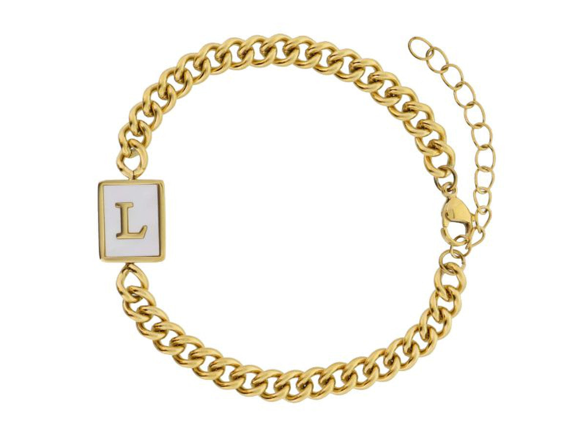 Gold Rectangle with Shell Inlay and Gold Initial Center Bracelet