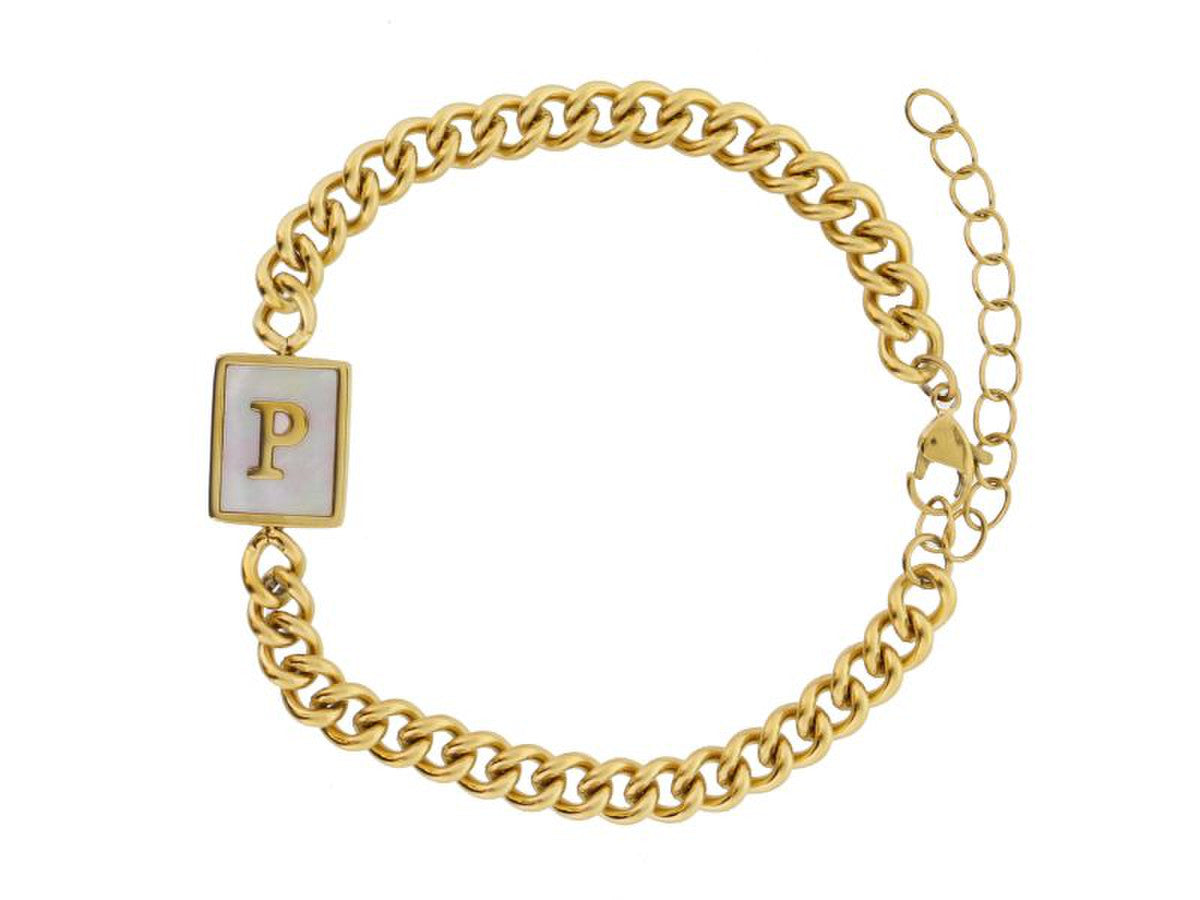 Gold Rectangle with Shell Inlay and Gold Initial Center Bracelet
