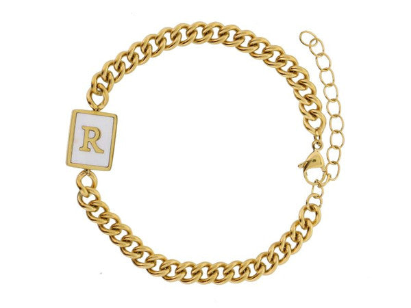 Gold Rectangle with Shell Inlay and Gold Initial Center Bracelet
