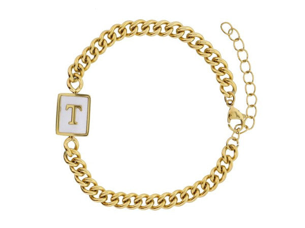 Gold Rectangle with Shell Inlay and Gold Initial Center Bracelet