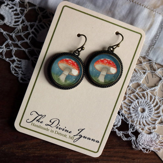 Moonlit Mushrooms Cottagecore Glass Cabochon Earrings | Handmade in the US