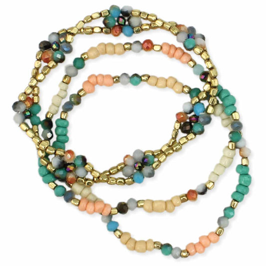 Vintage Bouquet Flower Bracelet Set | Three Stretch Bracelets Made of Glass and Metal Beads