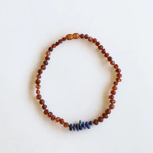 Raw Cognac Amber + Raw Lapis Stone Necklace