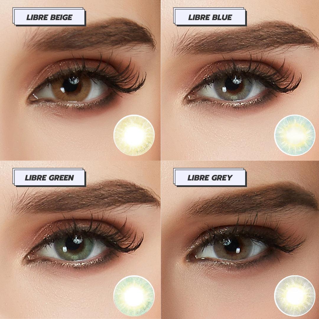 Assortment of EyeCandys Libre brown, blue, green and grey contact lenses, worn on various eyes with minimal eye makeup