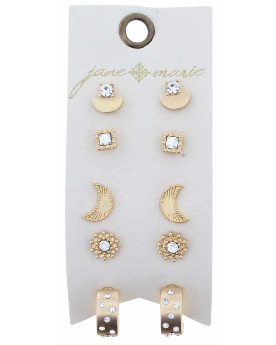Square, Moon, Gold Hoop with Rhinestones Earring