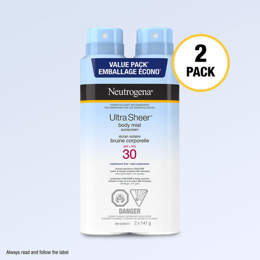 Neutrogena  Ultra Sheer Body Mist Sunscreen Spray SPF 30, Duo Pack, 2 x 141g